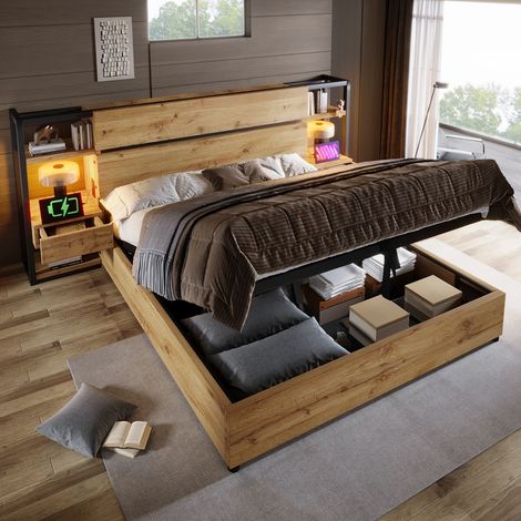 Lit coffre 180x200 cm avec rangement hydraulique et station de charge USB/Type-C, tête de lit avec tiroirs, cadre en bois chêne et métal style industriel (1/5)