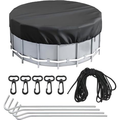 Couverture de piscine hors sol ronde KZQ - 2,4 mètres - tissu Oxford 210D - imperméable et anti-poussière - livrée avec piquets de sol et cordes anti-vent (1/4)