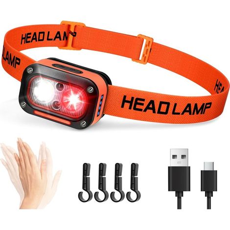Hochleistungs-LED-Scheinwerfer, USB-aufladbar, zweifarbiger Scheinwerfer (weiß/rot) mit Bewegungssensor für Schutzhelme, wasserdichte Stirnlampe für Camping und Autowartung (1/5)