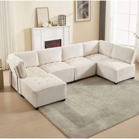 Sofá modular de 6 plazas en pana beige 308 cm, configurable en U, L o cama HAVRYA (1/5)