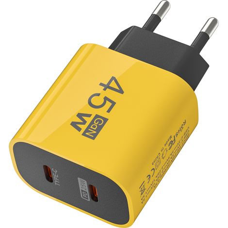 Chargeur double PD adapté aux téléphones portables Apple, Huawei, Samsung, chargeur 5v2a multiport double C 45W tête de chargejaune (1/5)