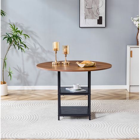 Table à manger ronde 107 cm, double étagère, aspect noyer, MDF et métal noir, REDOM (1/5)