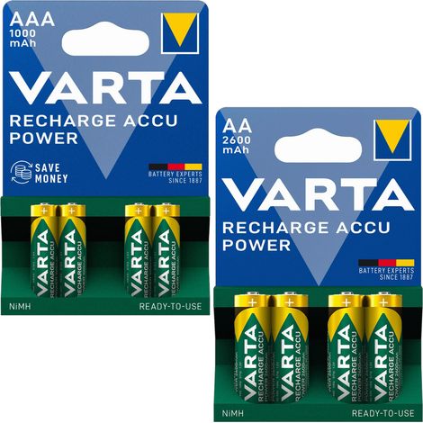 Set di batterie VARTA POWER NiMH: 4x1 batterie AAA da 1000 mAh e 4x1 batterie AA da 2600 mAh.