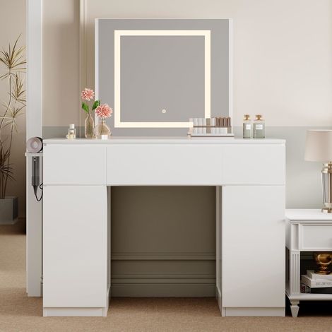 Large Dressing Table Adjustable LED Mirror Vanity Table Make up Desk and Drawers TORONTO WHITE (1/5)