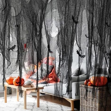 Decorazioni di Halloween, tessuto nero spaventoso per Halloween, tessuto bizzarro e spaventoso, accessori per feste di Halloween a tema casa stregata, porte d'ingresso esterne, 500x100 cm (1/5)