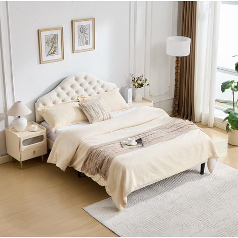 lit adulte chambre 140x200 velours beige gain de place OKMYHOME (1/5)