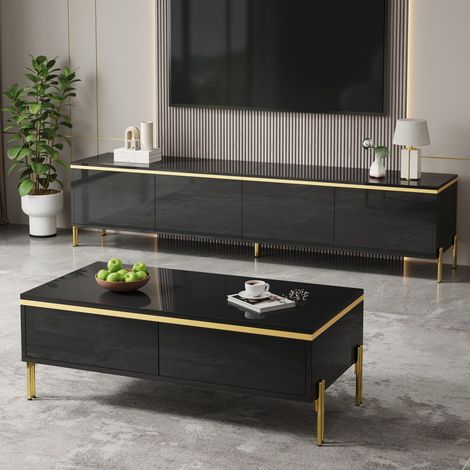 Modernes TV-Möbel- und Couchtisch-Set, schwarz glänzend, goldfarbene Kanten, 2-teilig (1/5)
