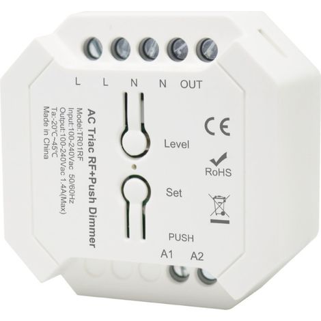 The TR01RF SCR, when used with a 2.4 GHz remote control, is suitable for dimming dimmable LEDs, incandescent lamps and halogen lamps.