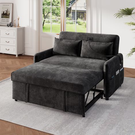 Sofá Convertible 2 Plazas en Chenilla con Respaldo Ajustable, USB, Soporte para Teléfono y 2 Cojines, Gris