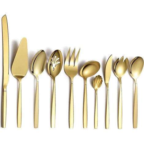 Ensemble de service en argent doré 10 pièces, Ménagères assorties en acier inoxydable avec placage en titane doré, cuillères de service, ustensile de service en argent, antirouille (1/5)