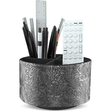 Porte-stylo rond en cuir rotatif à 360° - Porte-télécommande rotatif - Table de chevet - Télécommande TV - Organiseur de bureau pour stylos, fournitures de bureau - Boîte de rangement 1 gris (1/5)