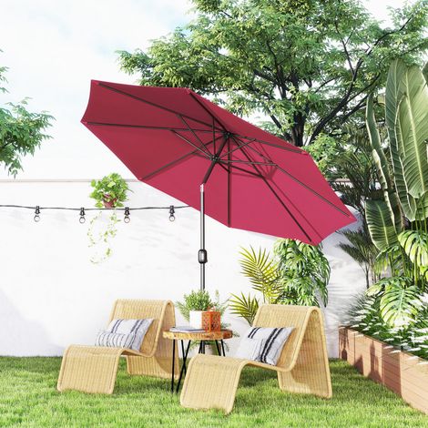 Parasol jardin Ø295x250cm manivelle mécanisme inclinable poteau métallique amovible terrasse piscine patio, vin rouge