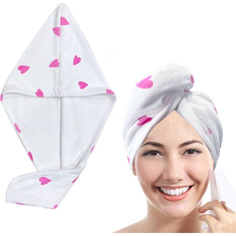 1 Serviette cheveux microfibre, motif cœur, ultra-absorbante, séchage rapide 65x25cm, femmes filles (1/5)