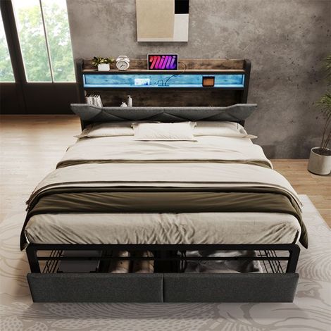Lit rembourré 140x200 avec coffre, tiroirs, LED et charge USB‑C, sommier métal, gris, sans matelas (1/5)