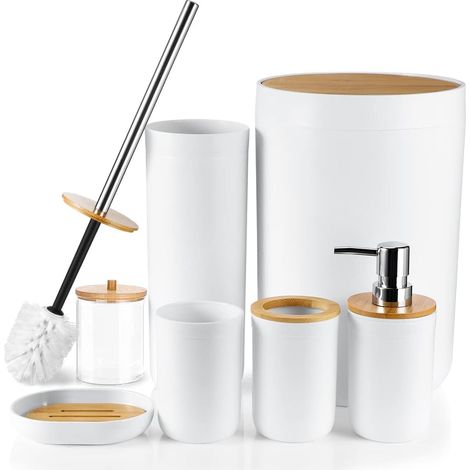 Lot de 7 accessoires de salle de bain en bambou,Accessoires de salle de bain en plastique,Porte-brosse à dents,Gobelet,Brosse WC,Porte-savon,Poubelle,Distributeur de savon,Cadeau,Blanc (1/5)