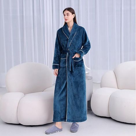 Accappatoio unisex, accappatoio in flanella extra lungo e spesso per uomo e donna, in morbido pile di corallo (microfibra), ad asciugatura rapida, con tasca (1/5)