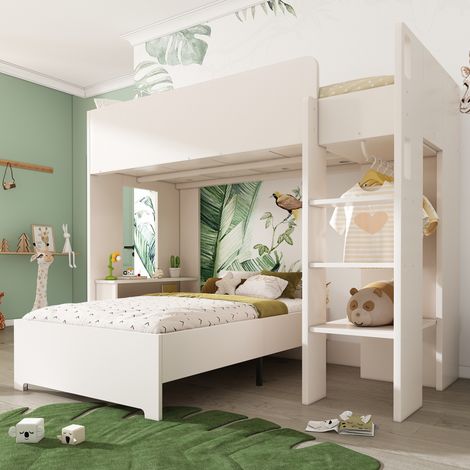 Cama alta juvenil 205x108x166 cm, con escritorio, armario y estantes, madera blanca (1/5)