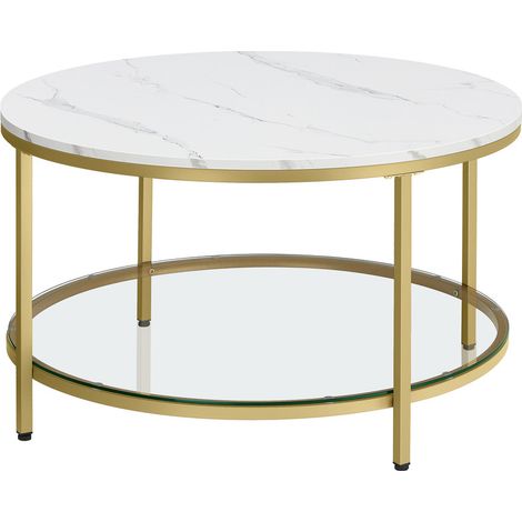Vasagle – Table basse fixe 80x46cm – Blanc marbré avec étagère en verre trempé – Pieds en acier doré – Style moderne pour salon (1/5)