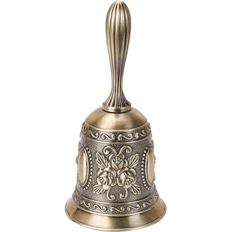 Cloche métallique décorative avec motif fleur, coloris bronze ancien, sonnette manuelle
