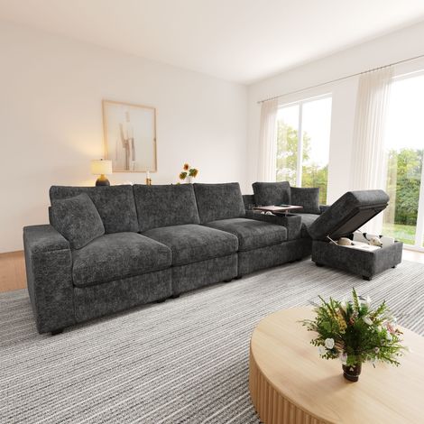 Canapé d’angle 5 places 313x147x82 cm avec rangements, USB Type-C, poufs, coussins inclus, salon confortable, en chenille, gris (1/5)