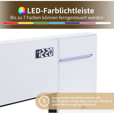 Lit double 160x200cm, cadre en bois blanc, avec chargeur USB, réveil électronique, enceinte Bluetooth, bandeau lumineux LED, sommier intégré, 2 tables de chevet sans tiroirs, matelas non inclus (1/5)
