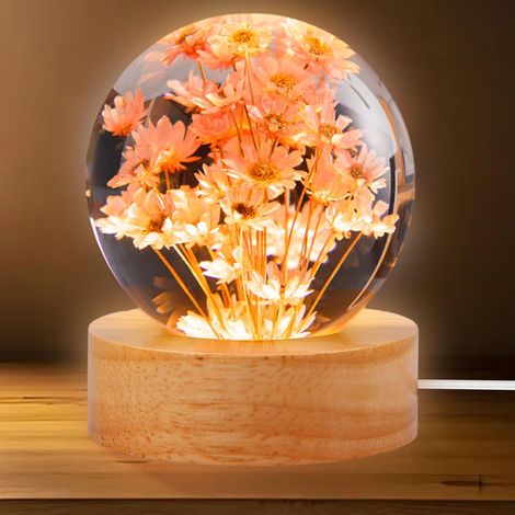 Lampe de nuit boule en cristal 3D 6 cm avec base en bois USB, marguerite, fleur éternelle pour la maison, décoration de table, [Classe énergétique F] (1/5)