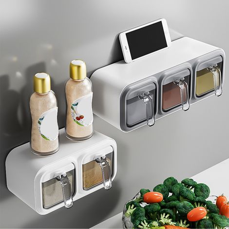 Pot à épices mural pour cuisines domestiques, sans clous, rangement à plusieurs compartiments pour le sel et le MSG, salière, pot à épices hermétique pour la maison, trois compartiments. (1/5)
