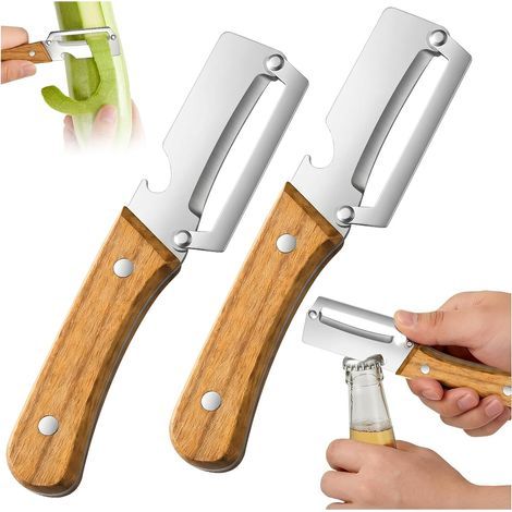 2 Éplucheur Multifonction LéGumes Professionnel,Éplucheur à Fruits en Acier Inoxydable Renforcé,avec DéCapsuleur IntéGré,Manches en Bois Naturel Outil Cuisine à Double Usage pour Fruits et LéGumes (1/5)