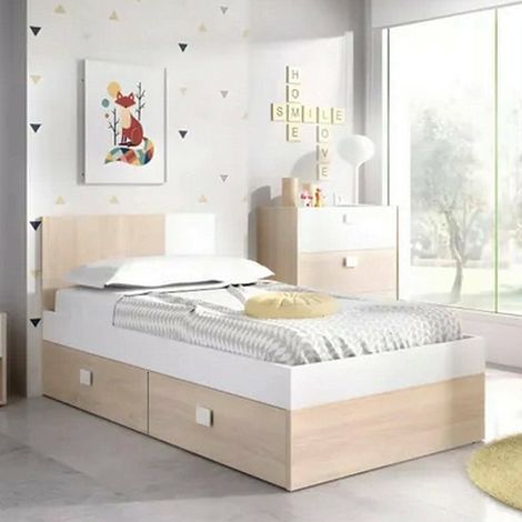 Dmora - Cama individual Fourchon, Sommier para dormitorio, Estructura de cama por habitación, Estructura del sostenedor del colchón, 97x196 h79 cm, Blanco y Roble (1/4)