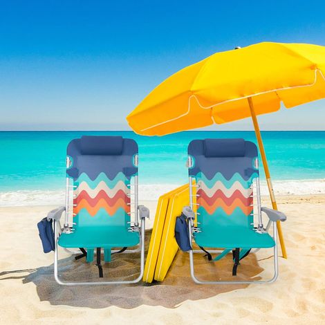 Lot de 2 Chaises de Plage Pliantes Légères et Portables Inclinables avec Support de 113,4 kg, 4 Positions pour Adultes, Cadre en Aluminium, Tissu Oxford 600D, Bleu (1/5)