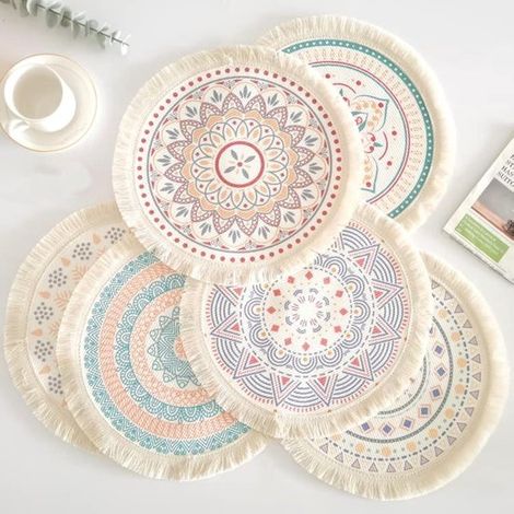 Juego de 6 manteles individuales redondos trenzados a mano con borlas para mesa de cocina, comedor, Tamaños: 33 x 33 cm (13 x 13 pulgadas) (1/5)