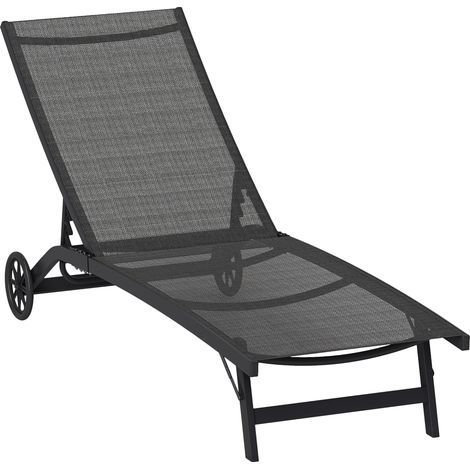 Outsunny Sonnenliege mit Rolle, Gartenliege Alu Liegestuhl mit 5-Fach verstellbare Rückenlehne, wetterfeste Campingliege, Gartenstuhl bis 150 kg belastbar, für Garten Urlaub Strand Pool, Schwarz (1/5)