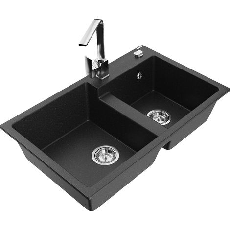 Mexen Tomas granitspüle 2-becken mit küchenarmatur Rita, schwarz/silber metallic - 6516-73-670300-00 (1/5)