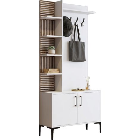 Eingangsmöbel Caccamo, Garderobe, 10 Regale, Flügeltür, 90x35x200h cm Weiß