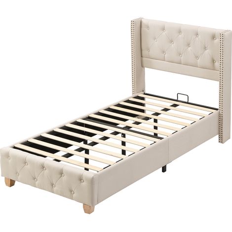 Polsterbett 90x200 cm beige aus Leinen mit Lattenrost und Kopfteil (1/5)