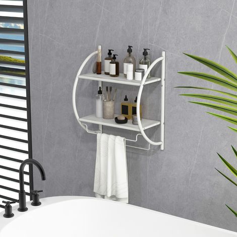 Etagère Murale de Salle de Bain Porte-serviettes avec 2 Tablettes et 2 Barres en Métal Chromé 45x25,5x55cm Blanc (1/3)