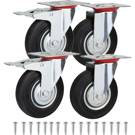 4 roulettes pivotantes pour meubles 3 pouces, 2 roulettes pivotantes à fond plat, 2 roulettes à frein à fond plat, 16 vis M8, jusqu'à 200 kg - roulettes porteuses silencieuses pour chariot (1/4)