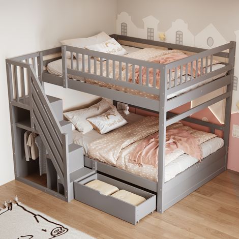 Litera 205x145x173.5 cm, con escalera con almacenamiento, barandillas de seguridad, madera, gris (1/5)