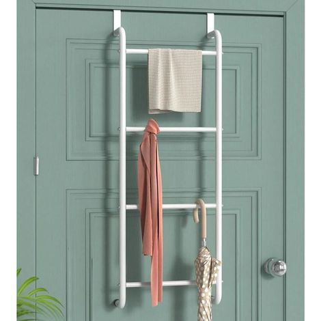 Porte-serviettes à trois niveaux à fixer derrière la porte, porte-manteau, barre porte-serviettes sans perçage, pour ranger les serviettes de salle de bain, blanc. (1/4)