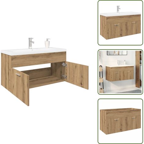 The Living Store Mueble para lavabo con lavabo empotrado artesanal de roble - Lavabo empotrado
