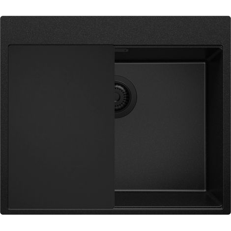 PRIMAGRAN Evier Cuisine en Granit 58x50cm,Lavabo 1 bac + Kit de Vidage + Planche à Découper, Évier à Encastrer au meuble 60cm - Oslo, Tout Noir (1/5)
