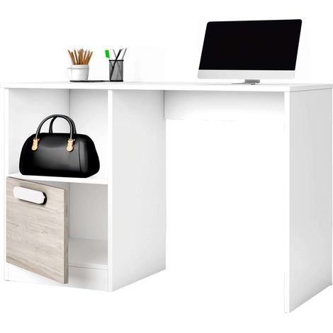 Mesa de Escritorio para Habitación Juvenil Estelle Estilo Nórdico en Color Blanco Mate y Roble Sahara con 1 Puertas y 1 Hueco de Almacenamiento 100 cm (1/5)