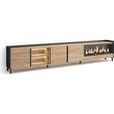 Skraut Home - Meuble TV, Banc Télé, Grand espace de Rangement, 315x35x61cm, Pour les TV jusqu'à 80", Cheminée électrique XXL, Design industriel, LED, Style moderne, Chêne et noir (1/5)