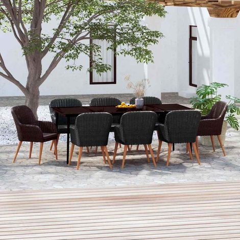 Set da pranzo da giardino in polyrattan e vetro con cuscini, nero, set da 9 pezzi - PANGIVO (1/5)