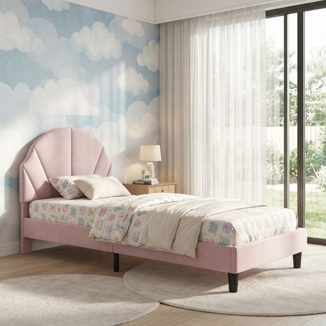 Letto singolo 90x200, letto capitonné per bambini con testiera regolabile in altezza a forma di conchiglia, rivestimento in velluto, stile moderno scandinavo(90x200cm, Rosa)