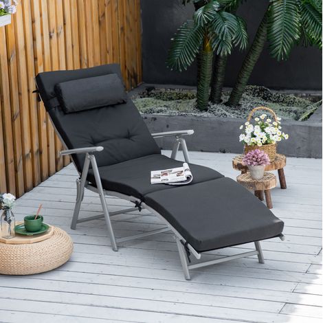 Chaise longue de plage pliable 7 positions, résistante aux intempéries, avec coussin, noir (1/5)