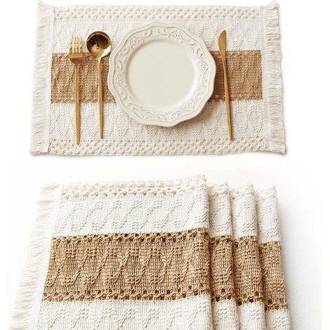 Boho-Tischsets – 4er-Set Makramee-Tischdekoration im Landhausstil Aus natürlicher Baumwolle und Jute Für Küche, Esstisch und Wohnaccessoires (1/5)