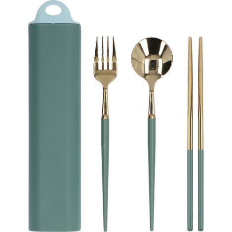 Ensemble de couverts en acier inoxydable portable pour étudiants avec boîte de rangement, or vert