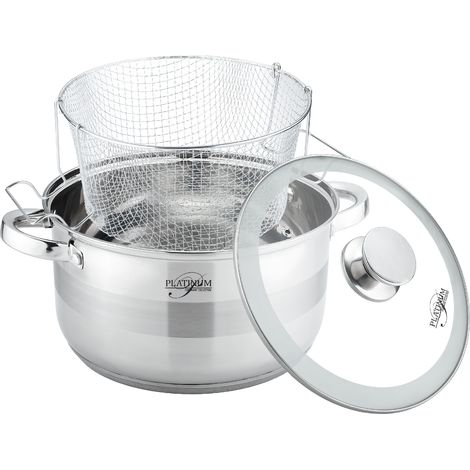 Frittiertopf 3 tlg Hochwertiger Edelstahl 18/10 Induktion Korb Fritteuse Ø24×14.5 cm, 6.6L Topf mit Deckel