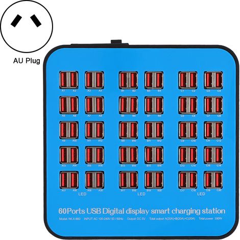 Station de charge USB intelligente 60 ports 300W coque en ABS ignifuge PC, prise AU 100-240V (1/5)